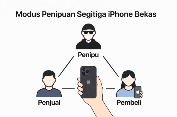 Ilustrasi modus penipuan segitiga iPhone bekas antara pembeli, penjual, dan penipu – edukasi iSecondphone