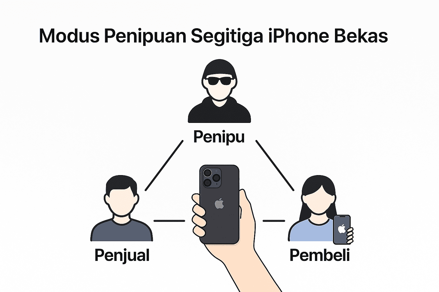 Ilustrasi modus penipuan segitiga iPhone bekas antara pembeli, penjual, dan penipu – edukasi iSecondphone