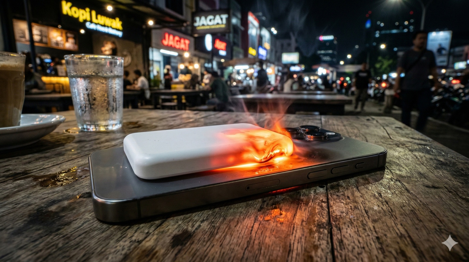 bahaya powerbank MagSafe KW murah yang menyebabkan iPhone overheat ekstrem dan merusak Battery Health saat nongkrong Malam Minggu.