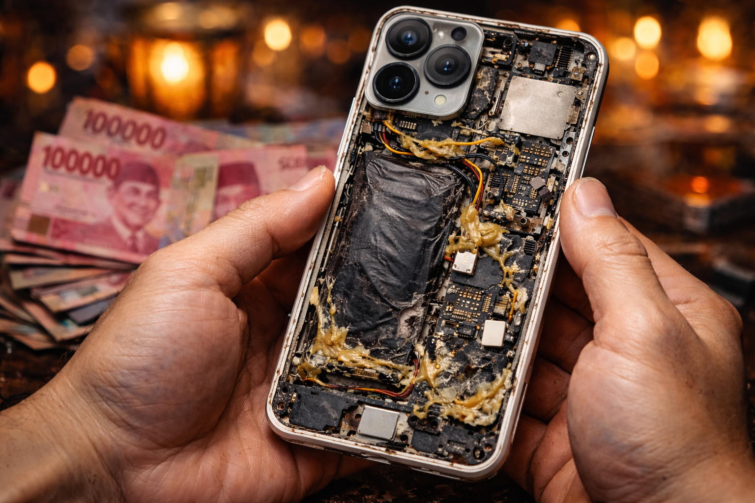 Ilustrasi bahaya membeli iPhone oplosan rakitan menggunakan uang THR menjelang libur Lebaran.