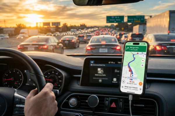 Ilustrasi penggunaan salah satu seri baterai iPhone paling awet (seperti Pro Max atau Plus) di holder AC mobil saat navigasi GPS aktif melintasi jalur mudik tol Trans Jawa yang macet.