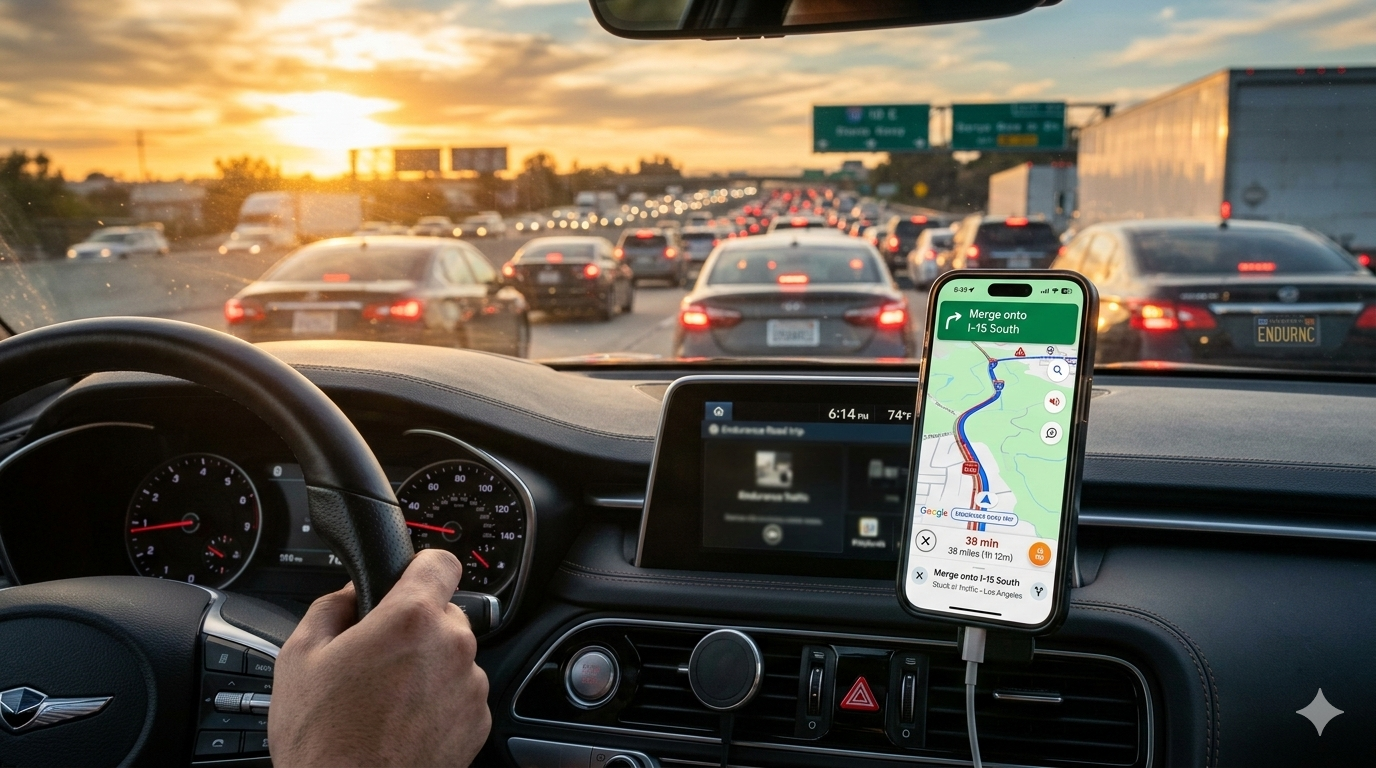 Ilustrasi penggunaan salah satu seri baterai iPhone paling awet (seperti Pro Max atau Plus) di holder AC mobil saat navigasi GPS aktif melintasi jalur mudik tol Trans Jawa yang macet.