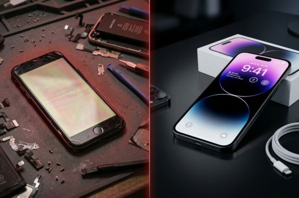 Ilustrasi perbandingan ciri iPhone Refurbished yang menggunakan komponen bajakan dengan iPhone Second Original dari iSecondPhone.