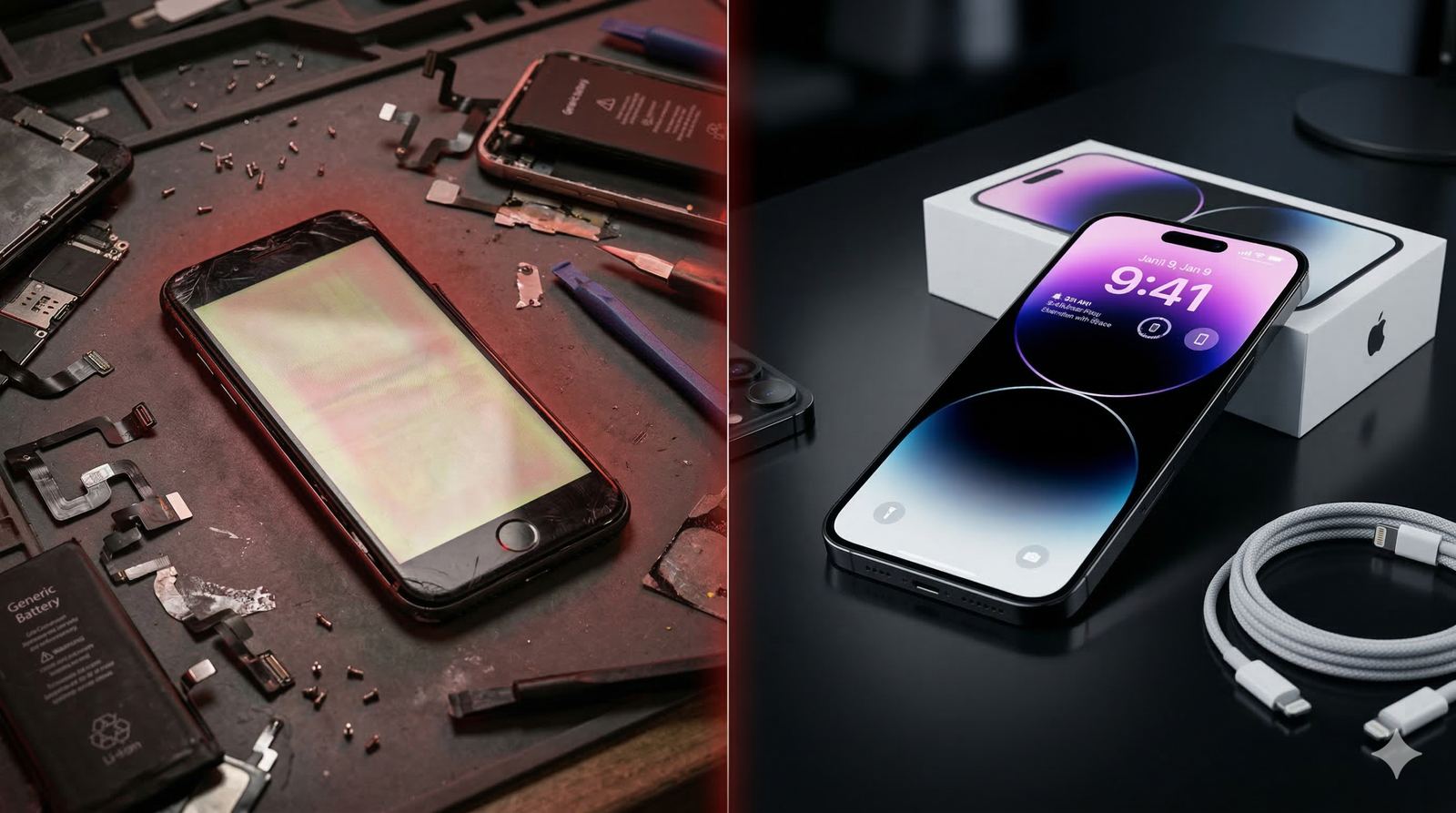 Ilustrasi perbandingan ciri iPhone Refurbished yang menggunakan komponen bajakan dengan iPhone Second Original dari iSecondPhone.