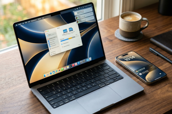 Ilustrasi fitur ekosistem Apple menunjukkan sinkronisasi mulus antara iPhone dan MacBook di atas meja kerja profesional.