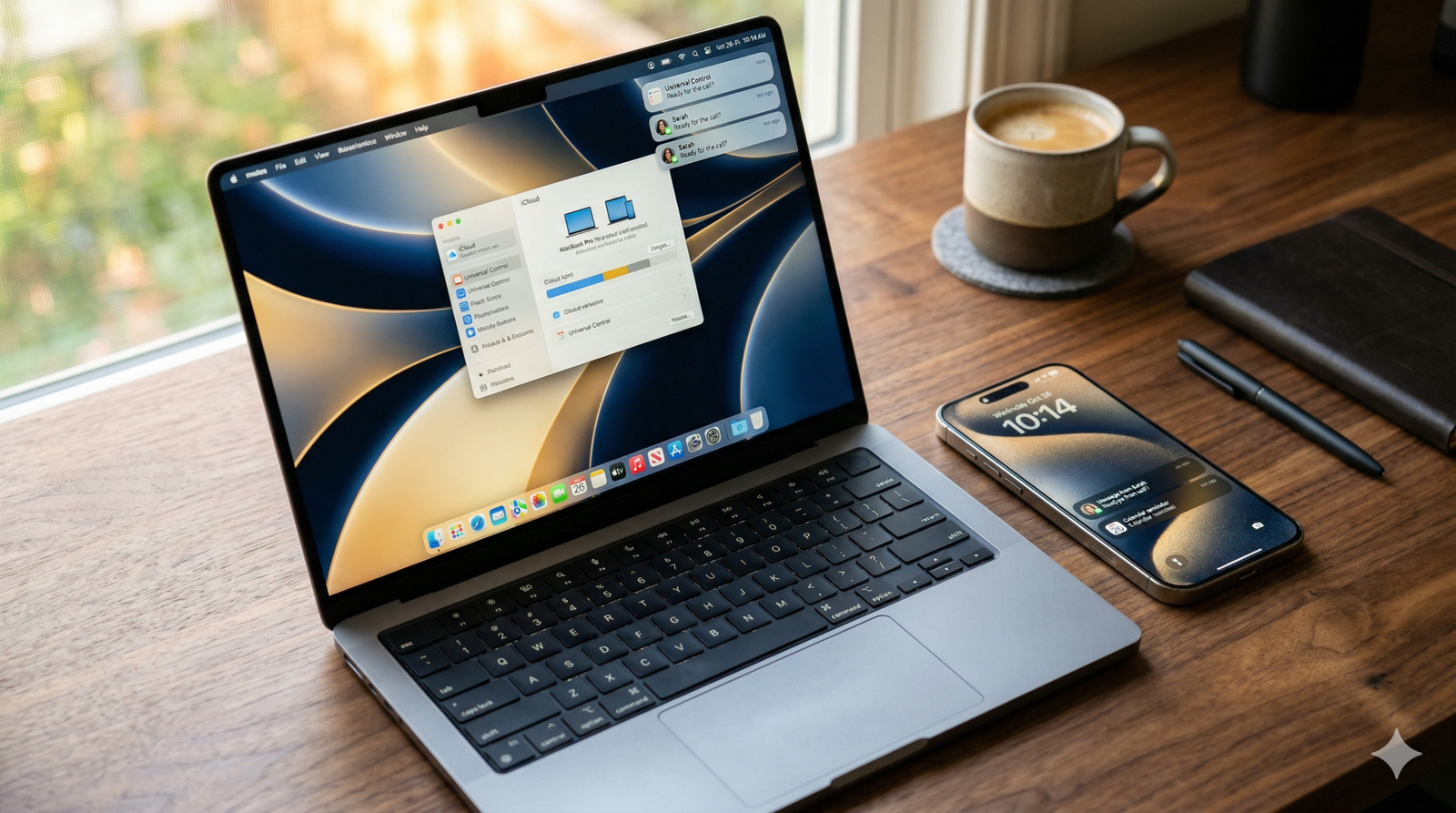 Ilustrasi fitur ekosistem Apple menunjukkan sinkronisasi mulus antara iPhone dan MacBook di atas meja kerja profesional.