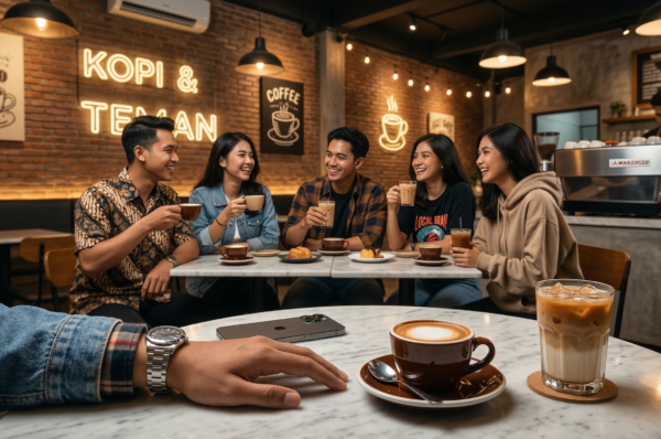 Ilustrasi gengsi sosial mengecek harga iPhone 13 Pro second dengan tiga kamera (boba) sebagai persiapan ajang pamer kesuksesan saat acara buka bersama atau reuni.