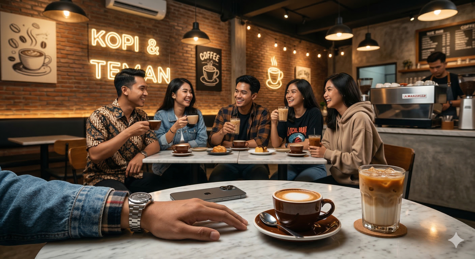 Ilustrasi gengsi sosial mengecek harga iPhone 13 Pro second dengan tiga kamera (boba) sebagai persiapan ajang pamer kesuksesan saat acara buka bersama atau reuni.