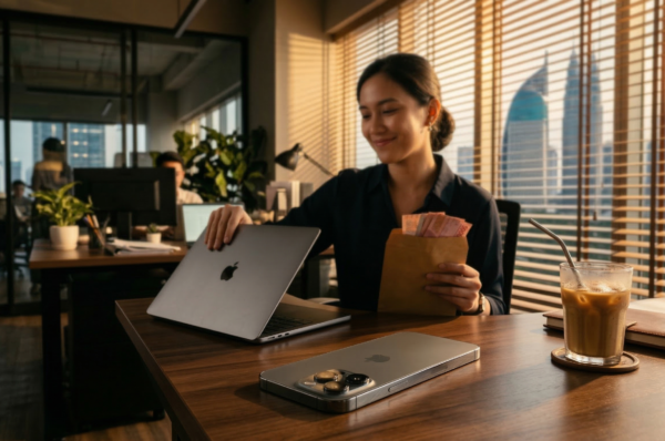 Ilustrasi pekerja kantoran Jakarta Selatan yang mengecek harga iPhone 14 Pro second sebagai pilihan self-reward terbaik menggunakan uang THR Lebaran.