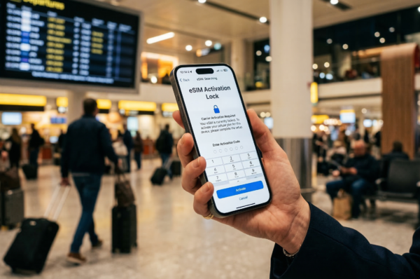 Ilustrasi fitur keamanan eSIM iPhone yang tidak memiliki wujud fisik, mencegah pencopet mematikan koneksi internet dan GPS saat perjalanan mudik.