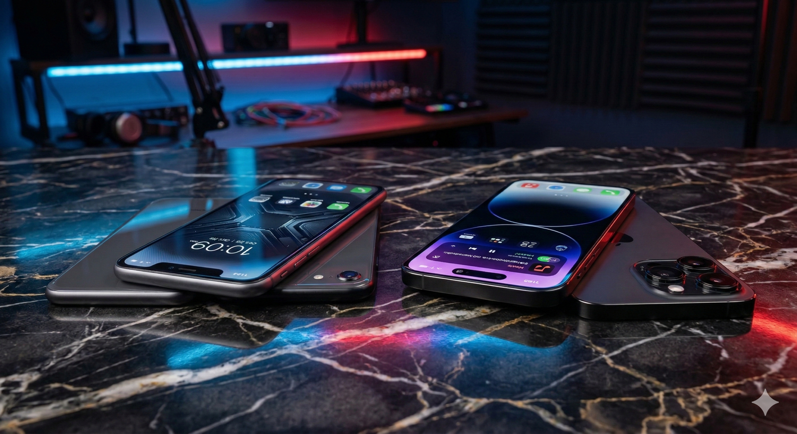 Ilustrasi perbandingan kelemahan iPhone 17e yang masih menggunakan layar berponi dan lensa tunggal melawan kemewahan iPhone 14 Pro Second.