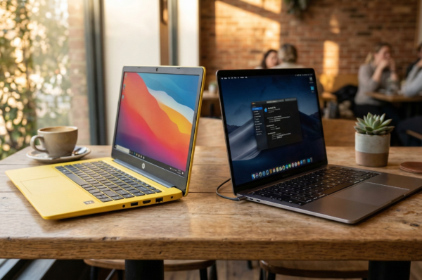 Ilustrasi perbandingan desain dan spesifikasi antara MacBook Neo 2026 versi budget melawan kemewahan desain MacBook Air M2 Second.