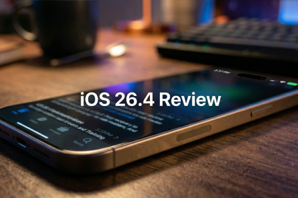 Ilustrasi review jujur iOS 26.4 yang menampilkan layar iPhone dengan indikator baterai penuh dan ikon aplikasi perpesanan bisnis yang mengalami kendala lag.