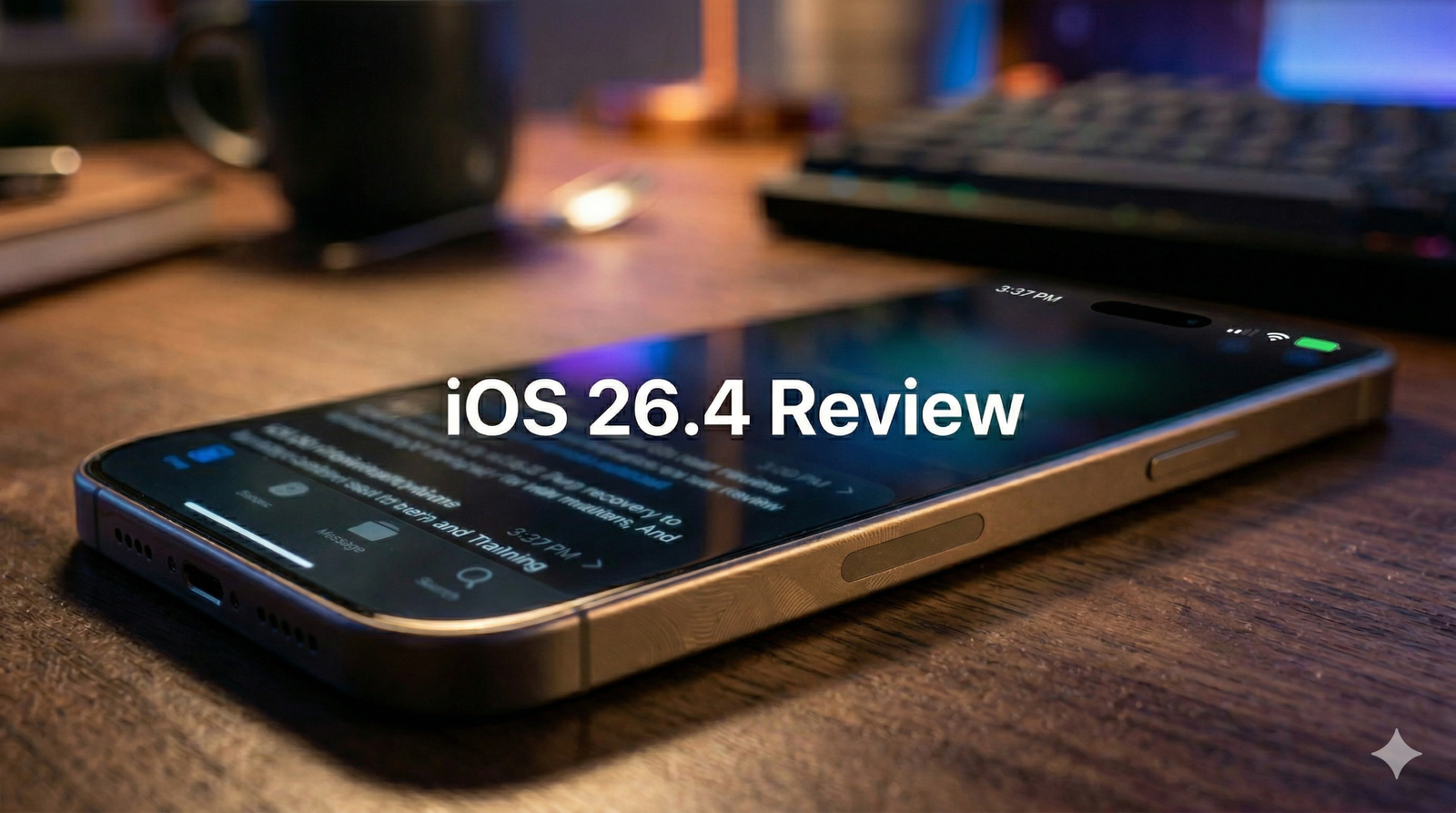 Ilustrasi review jujur iOS 26.4 yang menampilkan layar iPhone dengan indikator baterai penuh dan ikon aplikasi perpesanan bisnis yang mengalami kendala lag.