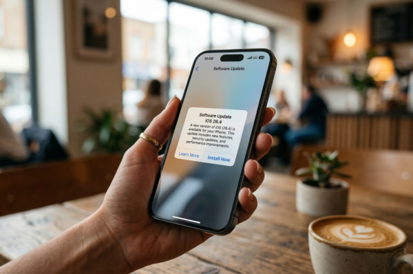 Ilustrasi pengguna gawai yang membaca informasi fitur hemat baterai di layar update iOS 26.4 pada iPhone untuk mencegah perangkat overheat dan boros baterai saat beraktivitas harian.