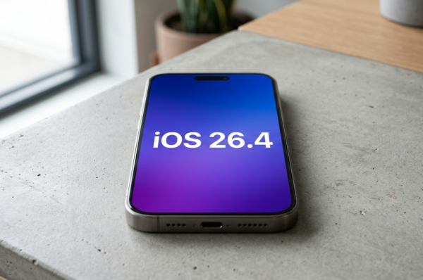 Foto close-up layar iPhone modern dengan wallpaper bersih menampilkan teks besar bertuliskan iOS 26.4 sebagai Featured Image Fitur iOS 26.4 terbaru.