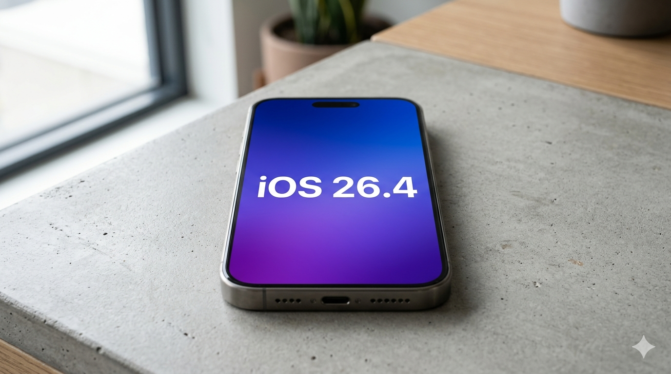 Foto close-up layar iPhone modern dengan wallpaper bersih menampilkan teks besar bertuliskan iOS 26.4 sebagai Featured Image Fitur iOS 26.4 terbaru.