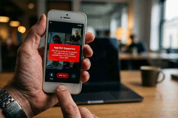 Ilustrasi layar iPhone yang memunculkan peringatan aplikasi tidak support iPhone lawas saat akan digunakan untuk bekerja.