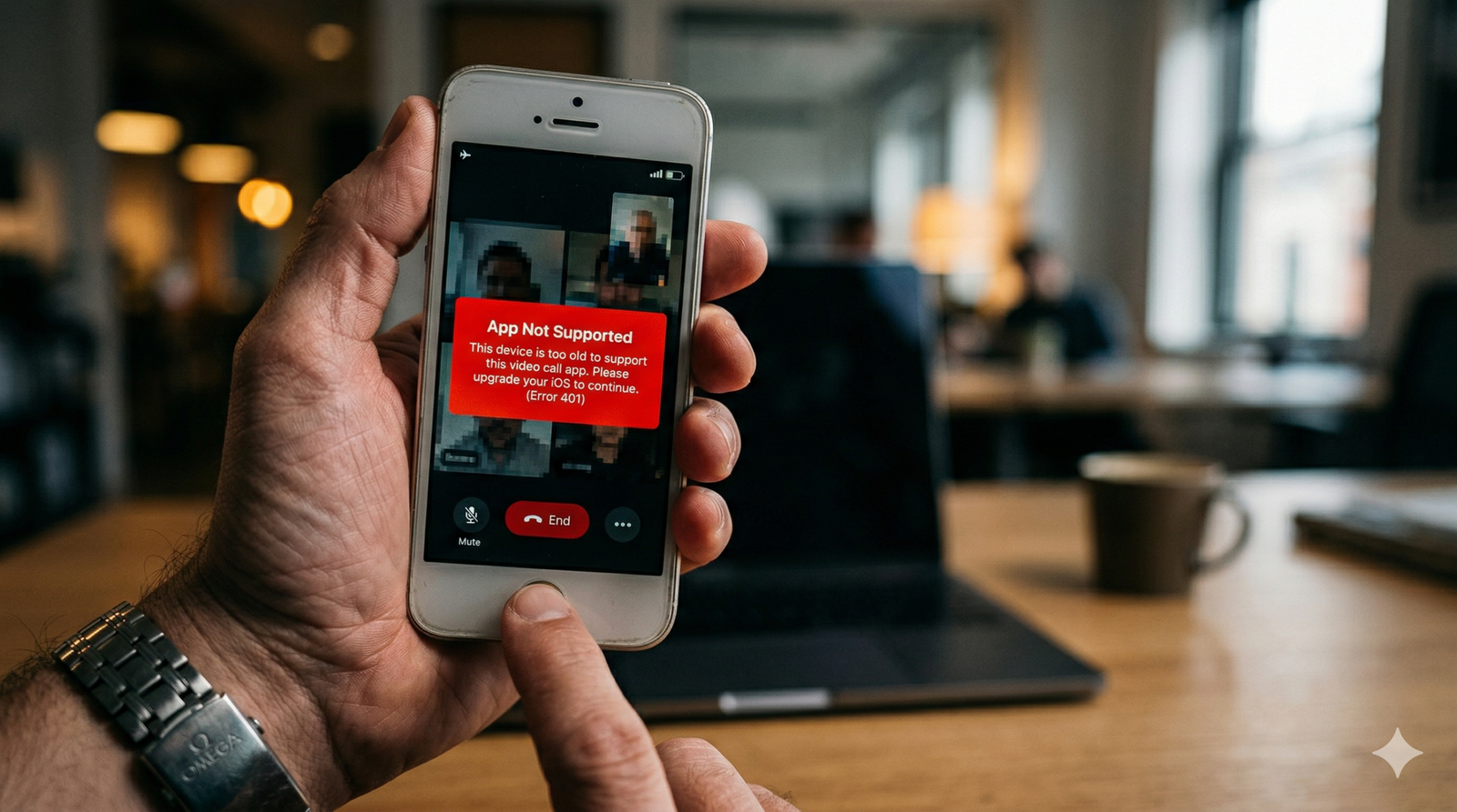 Ilustrasi layar iPhone yang memunculkan peringatan aplikasi tidak support iPhone lawas saat akan digunakan untuk bekerja.