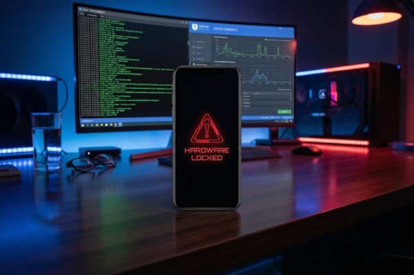 Ilustrasi layar smartphone yang mati total menampilkan peringatan komponen tidak sah akibat sistem keamanan iOS 26.4.2 blokir iPhone kanibalan.