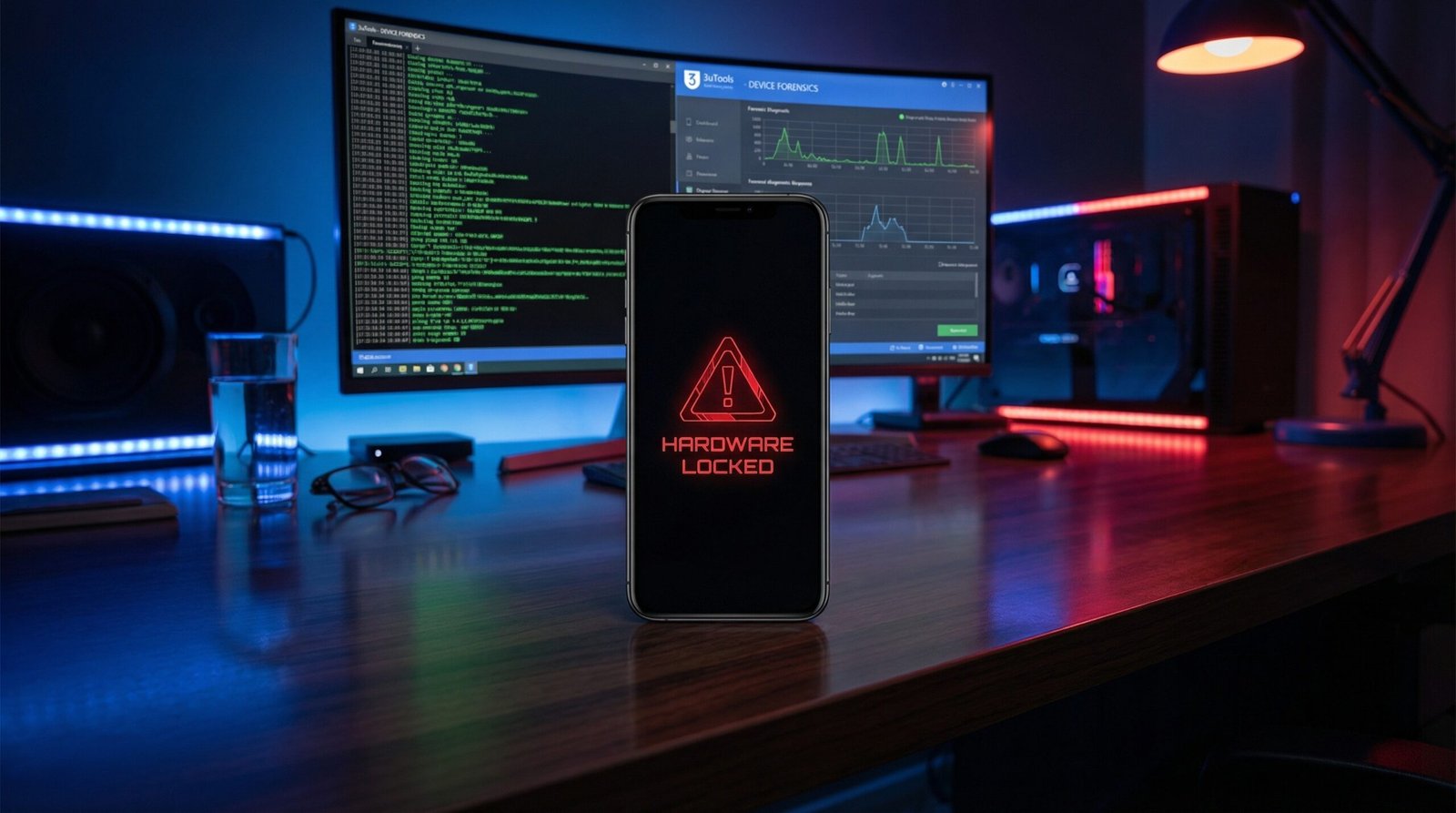 Ilustrasi layar smartphone yang mati total menampilkan peringatan komponen tidak sah akibat sistem keamanan iOS 26.4.2 blokir iPhone kanibalan.