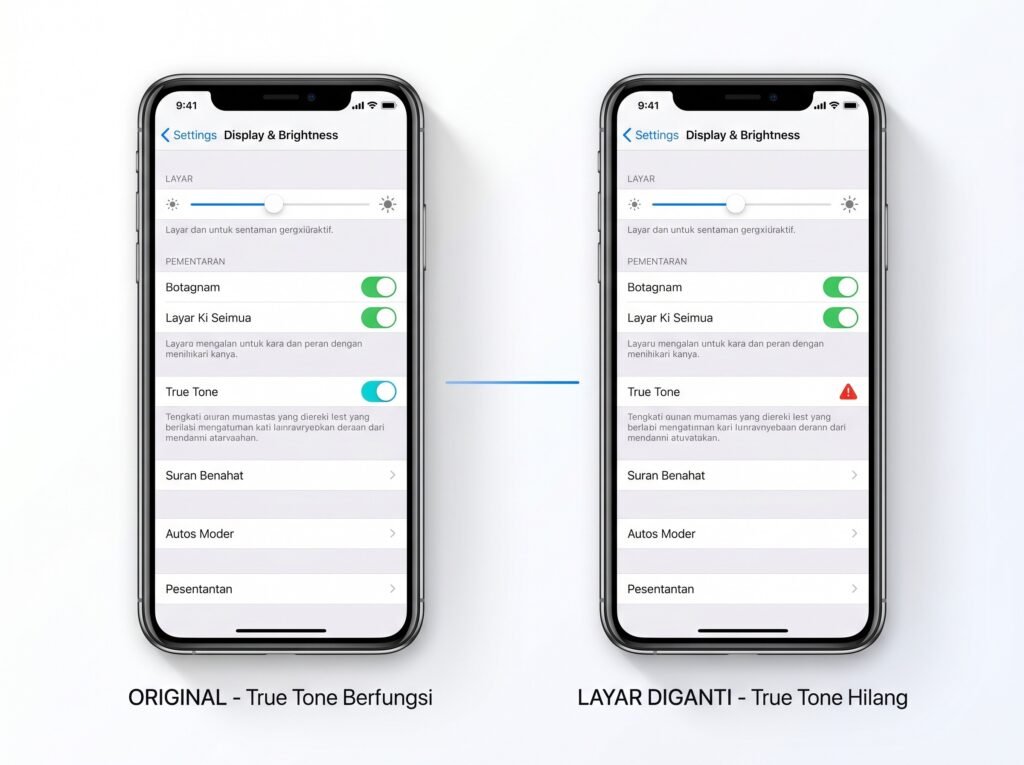 Cara Cek True Tone iPhone Hilang — perbandingan menu Settings iOS unit original vs layar bekas ganti