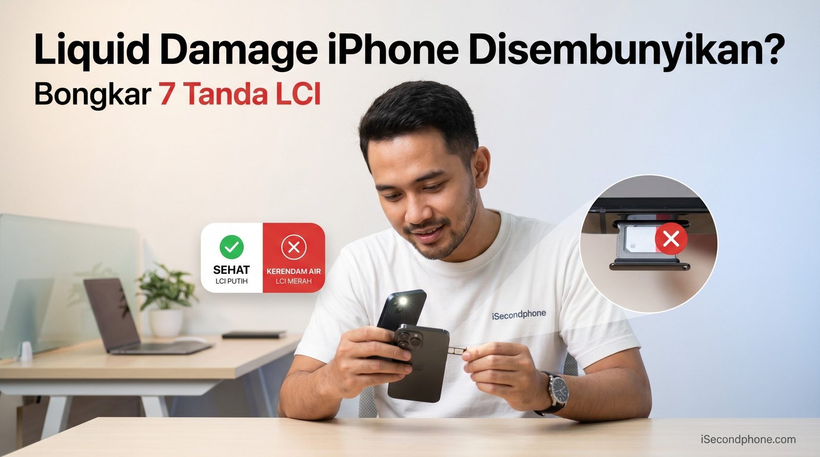 Liquid Damage iPhone - buyer pintar inspect SIM tray dengan SIM ejector pin dan flashlight cek LCI sebelum beli iPhone second