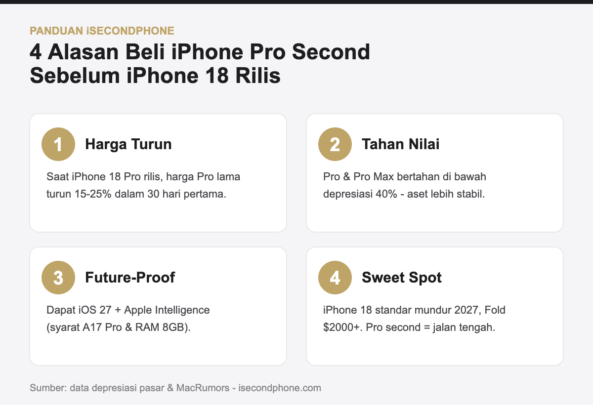 Infografis 4 alasan beli iPhone Pro second sebelum iPhone 18 rilis
