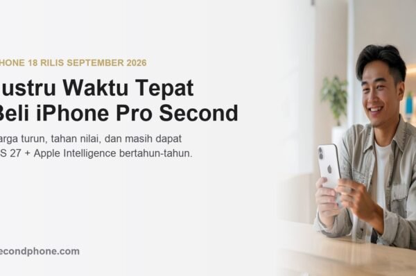 Pria muda memegang iPhone Pro second di toko Apple, beli iPhone Pro second sebelum iPhone 18 rilis