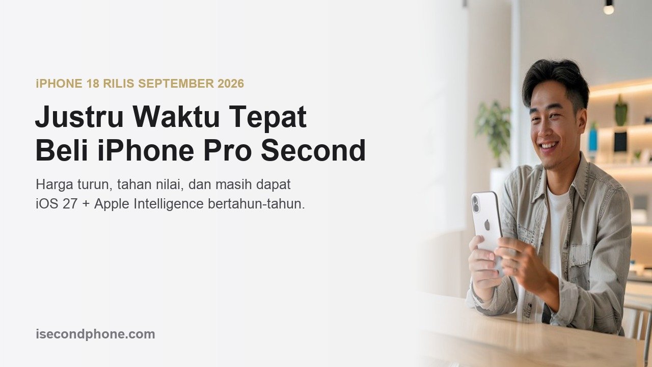 Pria muda memegang iPhone Pro second di toko Apple, beli iPhone Pro second sebelum iPhone 18 rilis