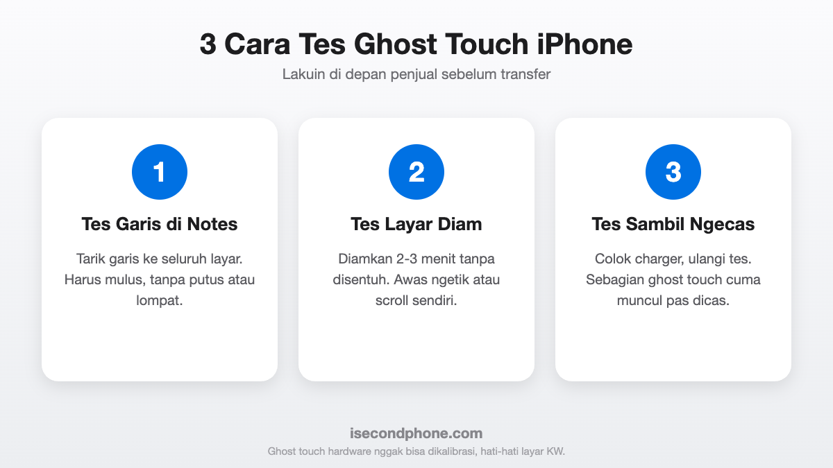 Cara tes ghost touch iPhone sebelum beli bekas: tes garis Notes, layar diam, dan tes sambil ngecas