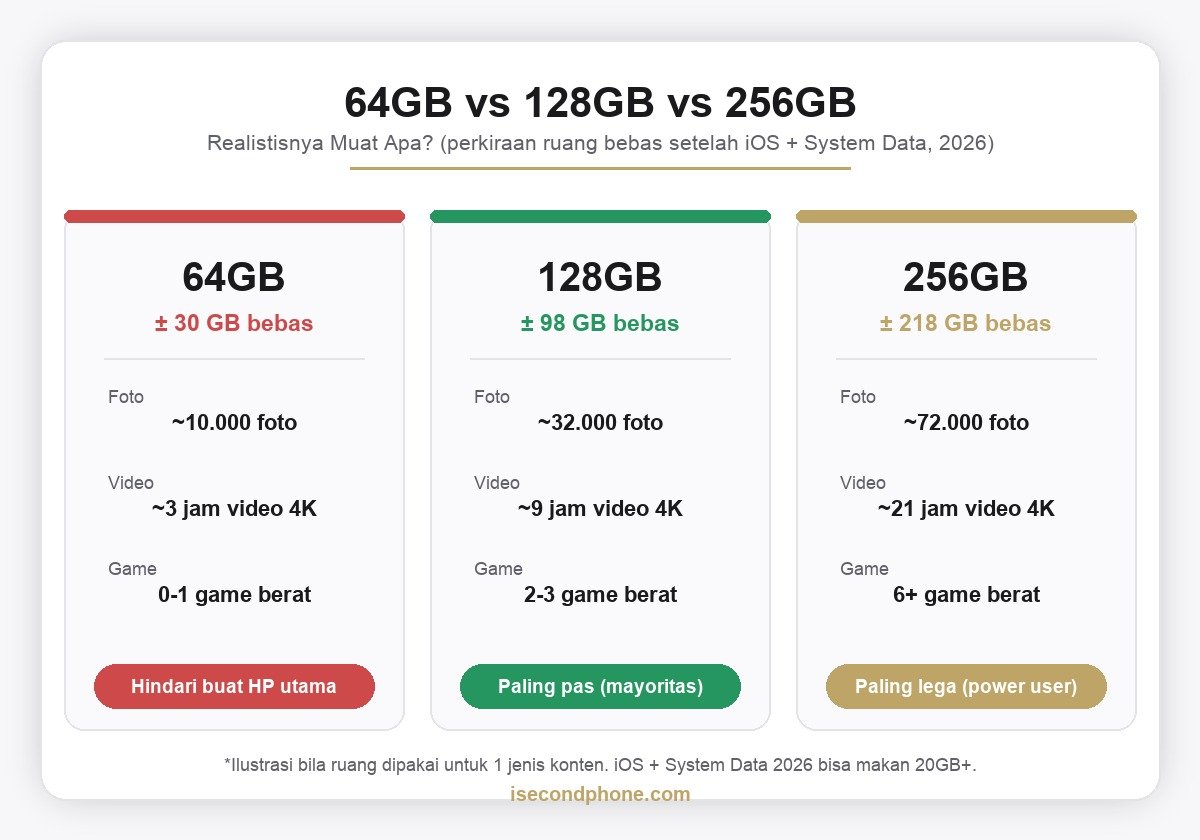 Komparasi storage iPhone second 64GB 128GB 256GB muat berapa foto video game