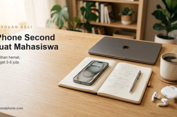 iPhone second untuk mahasiswa di meja belajar, pilihan hemat budget 3-6 juta