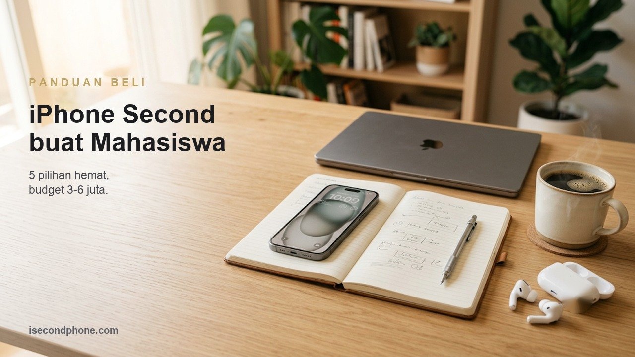 iPhone second untuk mahasiswa di meja belajar, pilihan hemat budget 3-6 juta