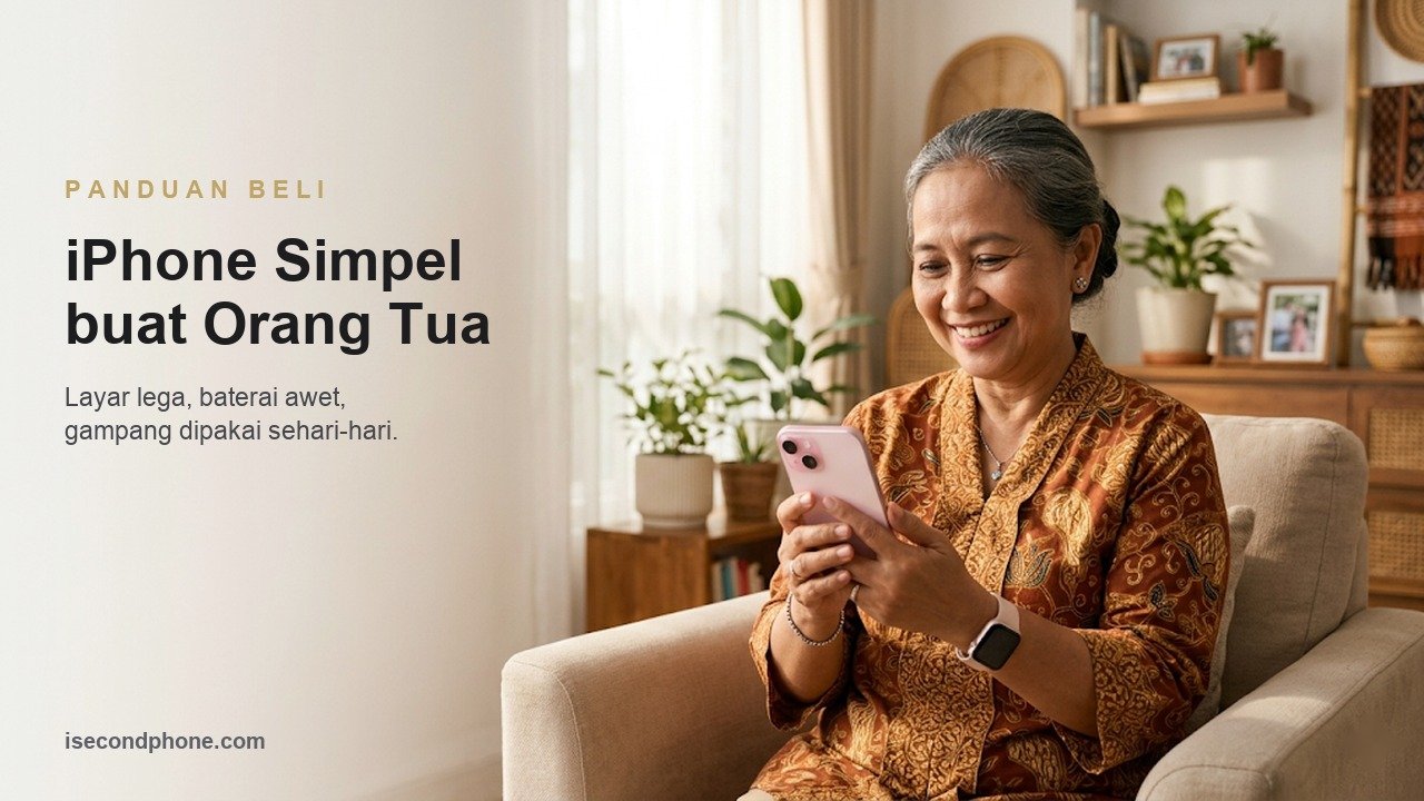 Ibu lansia memakai iPhone bekas dengan nyaman di rumah