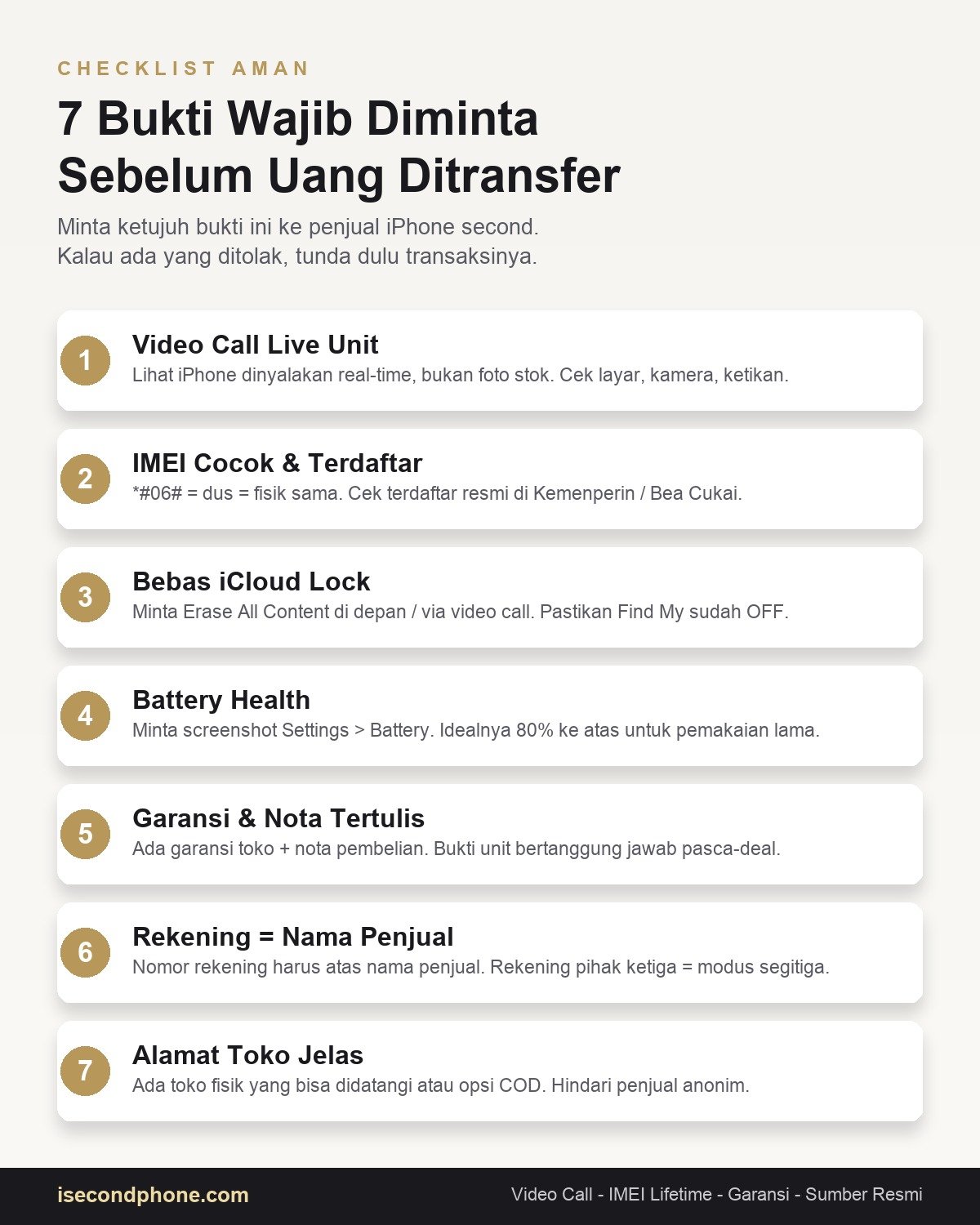 Cara Beli iPhone Second Aman: 7 Bukti Wajib Diminta Sebelum Transfer 2 Infografis 7 bukti wajib diminta sebelum transfer beli iPhone second aman