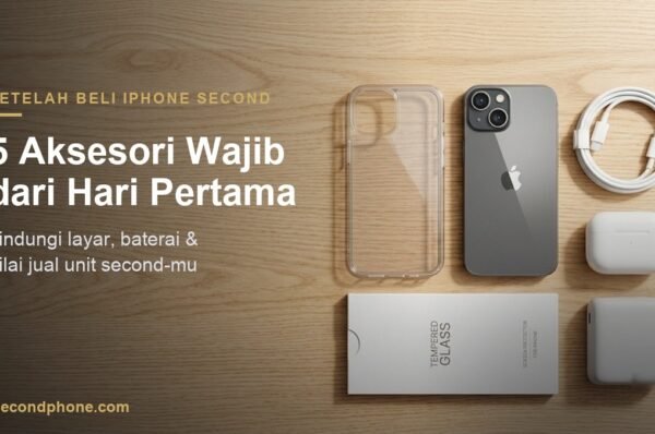 Flat-lay aksesori wajib iPhone second: clear case, iPhone, kabel USB-C, earbuds, tempered glass, dan power bank