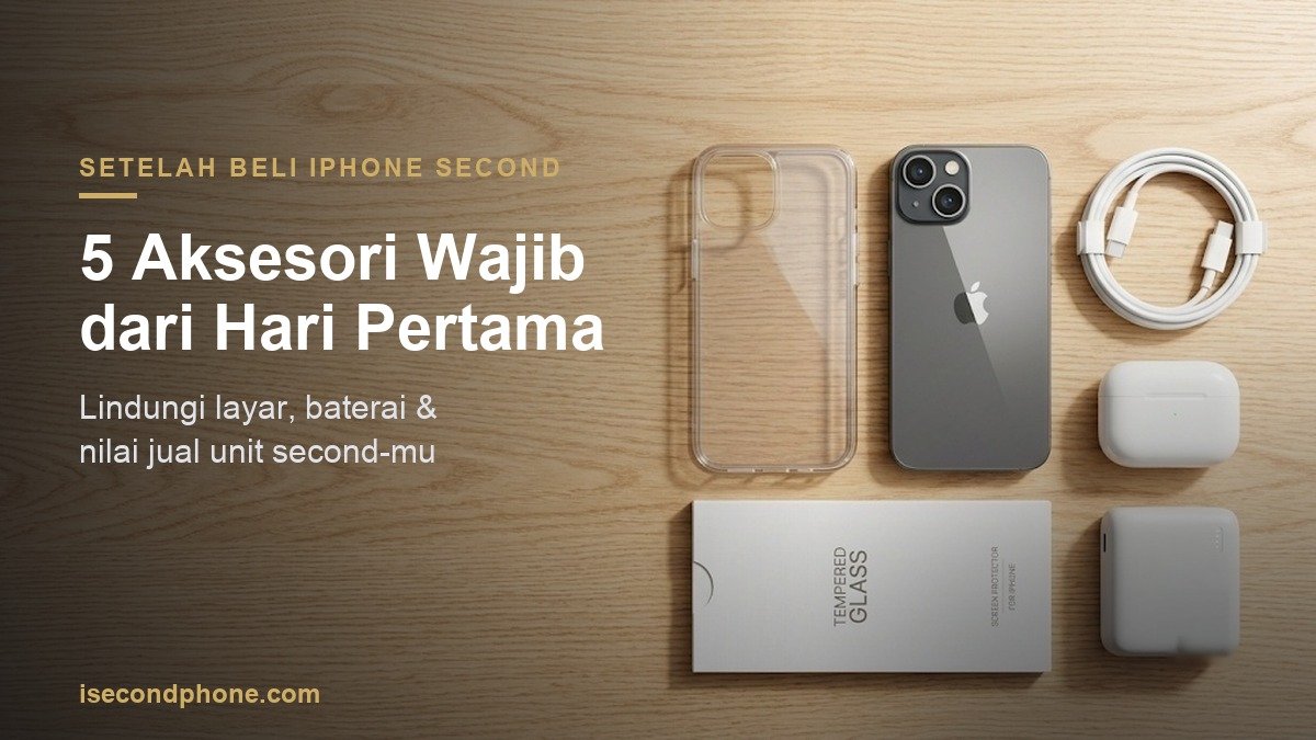 Flat-lay aksesori wajib iPhone second: clear case, iPhone, kabel USB-C, earbuds, tempered glass, dan power bank