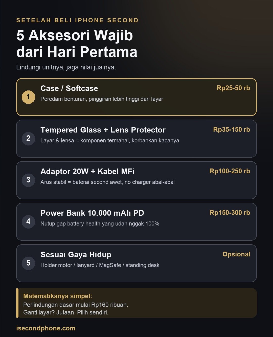5 Aksesori Wajib Setelah Beli iPhone Second Biar Awet Bertahun-tahun (2026) 1 Infografis 5 aksesori wajib setelah beli iPhone second: case, tempered glass, charger MFi, power bank, dan pelindung sesuai gaya hidup