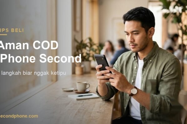 Pria muda teliti memeriksa iPhone second saat COD di kafe
