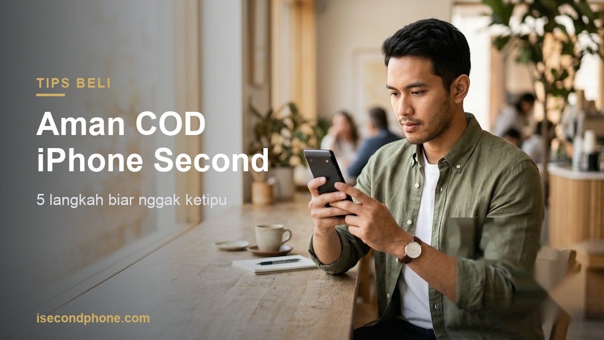 Pria muda teliti memeriksa iPhone second saat COD di kafe