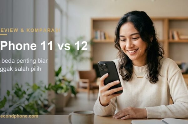 Perempuan membandingkan iPhone 11 vs 12 second, memegang iPhone menghadap layar
