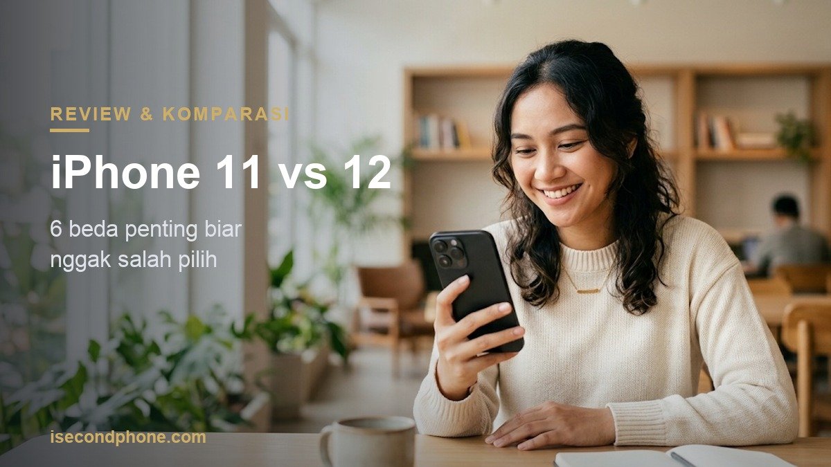 Perempuan membandingkan iPhone 11 vs 12 second, memegang iPhone menghadap layar