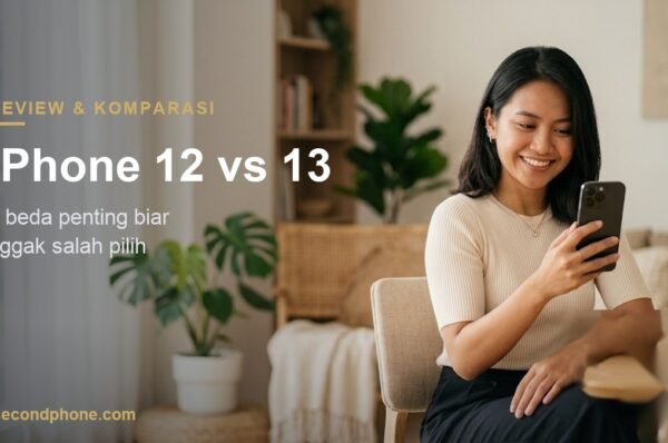 Perempuan membandingkan iPhone 12 vs 13 second, memegang iPhone menghadap layar