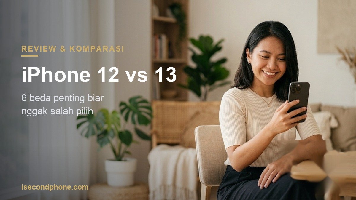 Perempuan membandingkan iPhone 12 vs 13 second, memegang iPhone menghadap layar