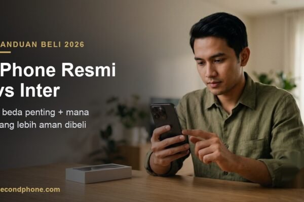Pria muda memeriksa iPhone di meja, membandingkan iPhone resmi vs inter