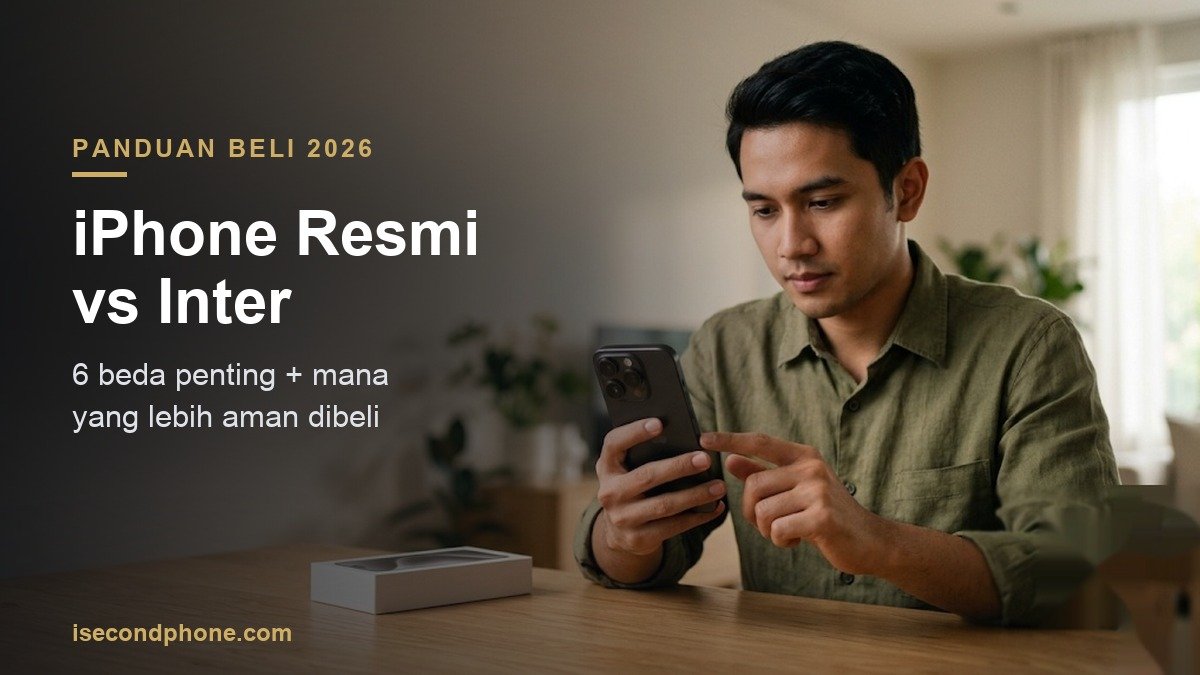 Pria muda memeriksa iPhone di meja, membandingkan iPhone resmi vs inter
