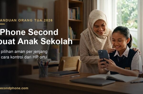 Ibu dan anak sekolah melihat iPhone second bersama di meja belajar, memegang iPhone dengan modul kamera menghadap depan