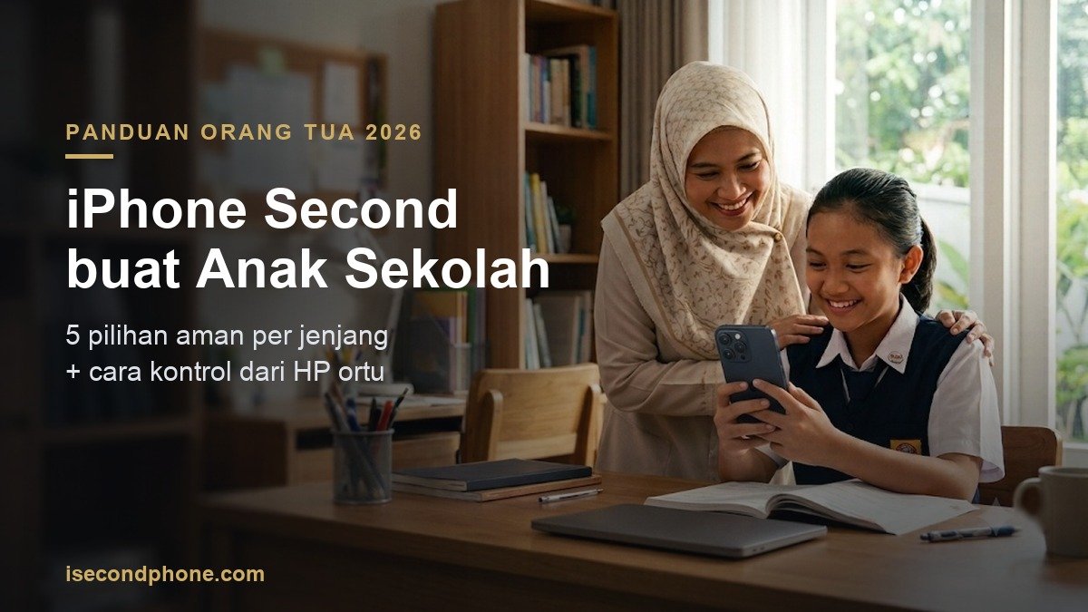 Ibu dan anak sekolah melihat iPhone second bersama di meja belajar, memegang iPhone dengan modul kamera menghadap depan