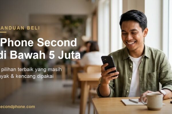 Pria muda memilih iPhone second di bawah 5 juta sambil duduk di kafe